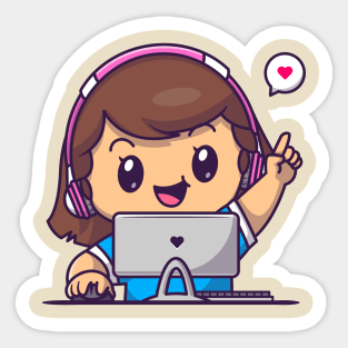 Cute Gamer Girl Playing Computer Cartoon Sticker